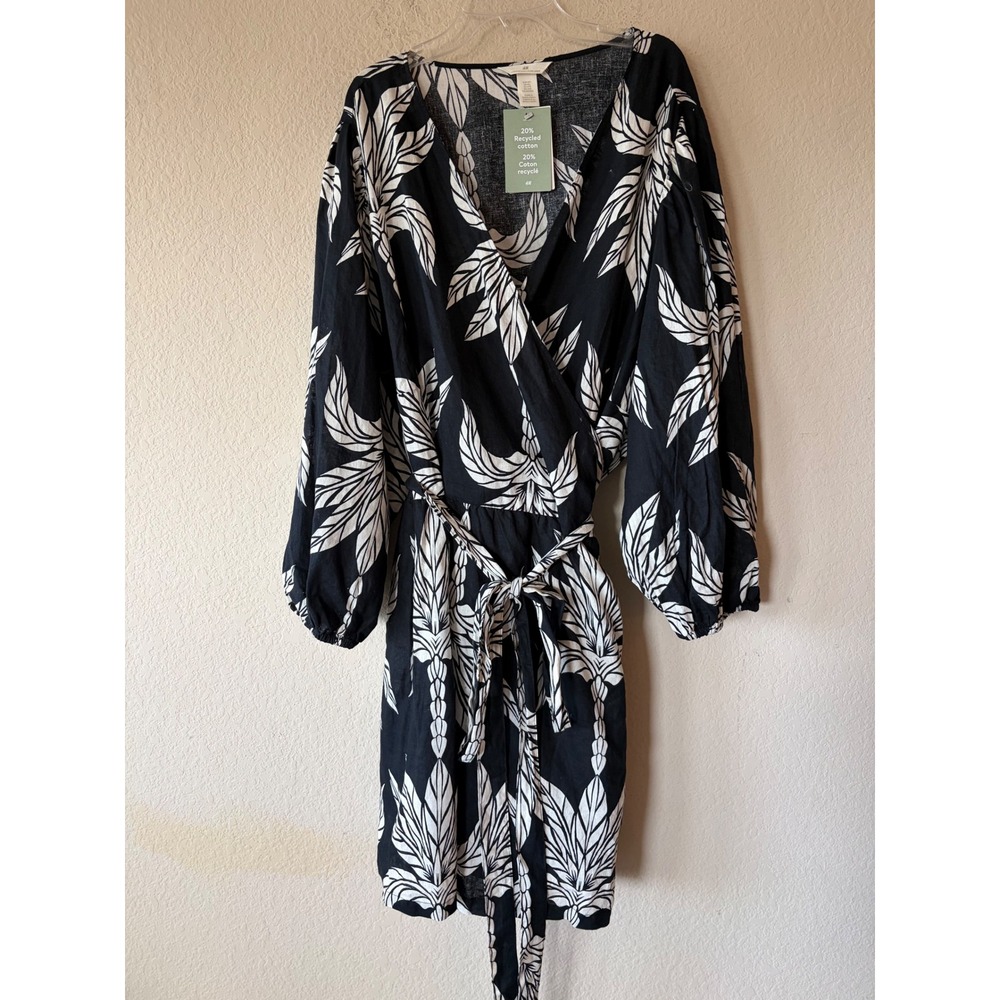H&M Linen Blend Wrap Dress Black White Tropical Leaf Print 4XL NWT
